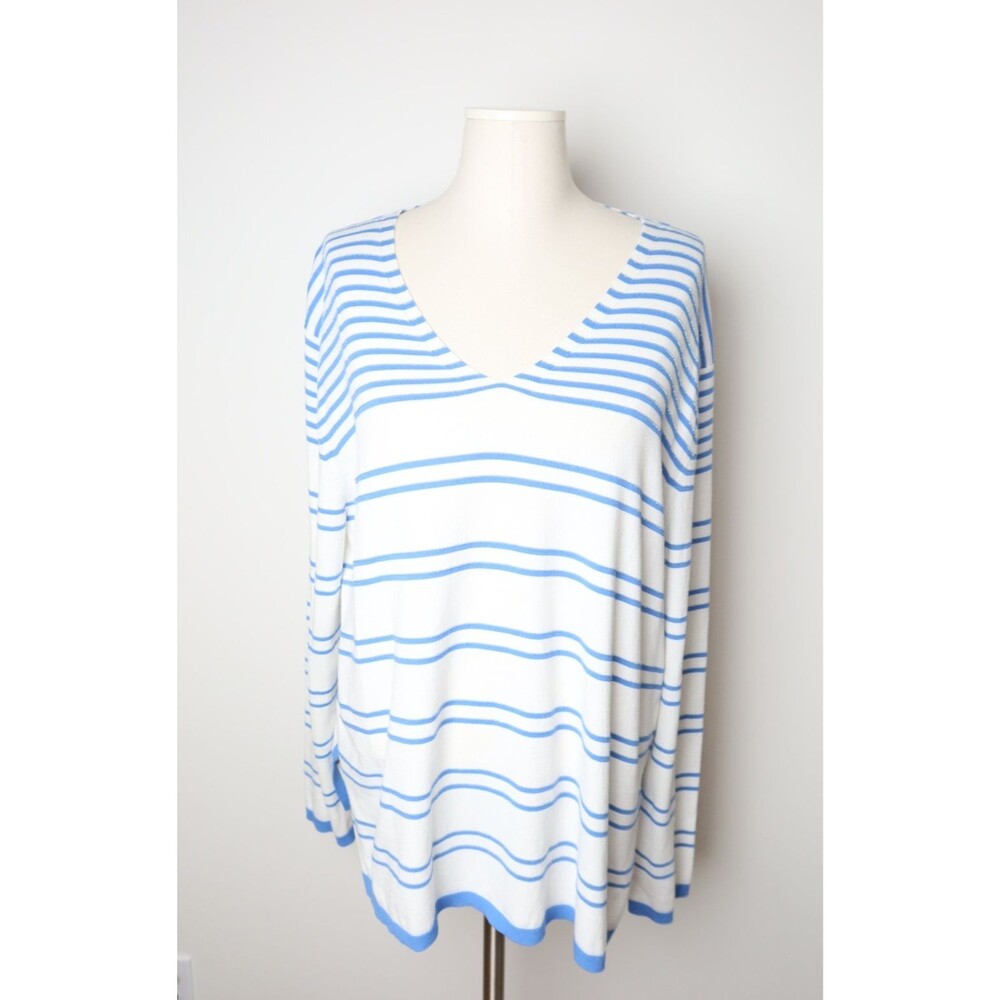 Lafayette 148 New York Women White Striped V Neck Long Sleeve Sweater Size XL